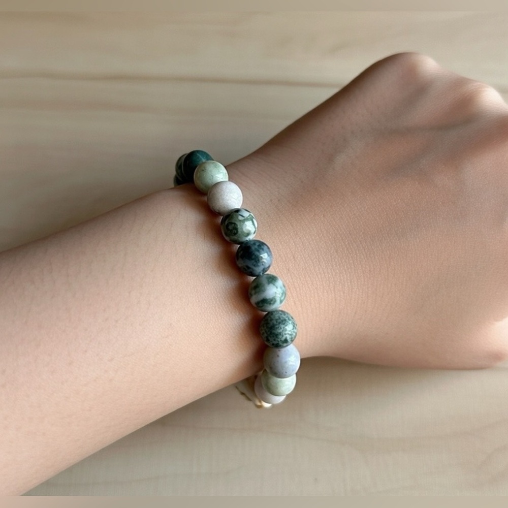 Handmade Moss Tree Agate Stretch Bracelet with Bone Carved Manatee.